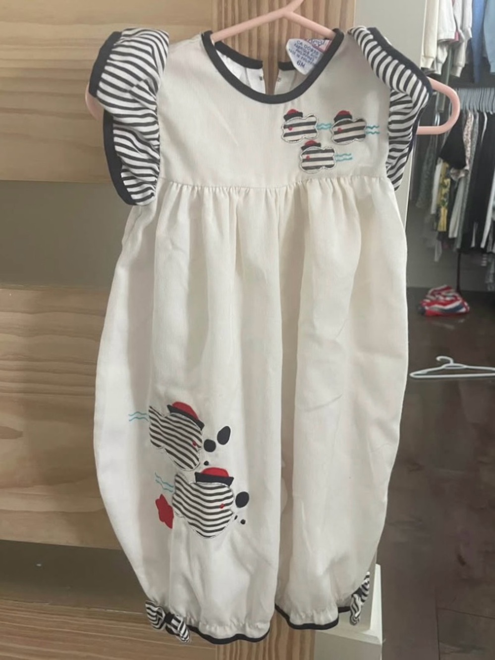 Vintage Baby Romper with Black Stripe Accents and little fishes - 6m